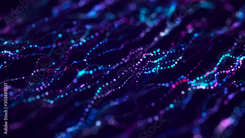 Music abstract background. Molecular background with DNA. Network with connecting dots and lines. Big data visualization. Sound wave. 3d rendering. photo