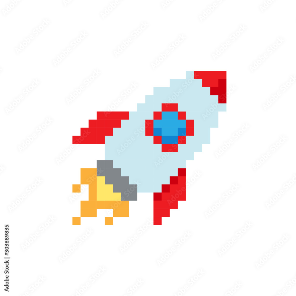 Rocket icon in retro game style. Pixel art. Vector illustration. Rocket icon in retro game style. Pixel art. Vector illustration.