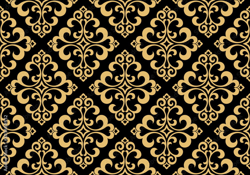 Wallpaper in the style of Baroque. Seamless vector background. Gold and black floral ornament. Graphic pattern for fabric, wallpaper, packaging. Ornate Damask flower ornament