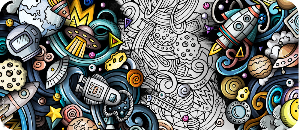 Space hand drawn doodle banner. Cartoon detailed illustrations.