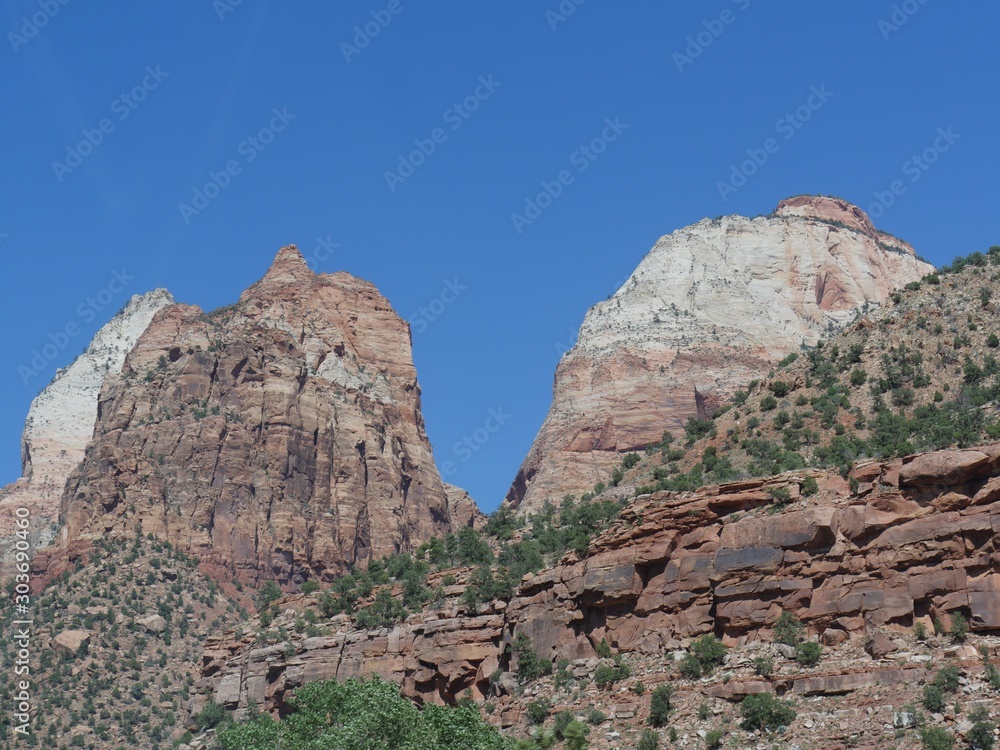Close up of mountain peaks and rock formations at Zion National Park, Utah, USA. Close up of mountain peaks and rock formations at Zion National Park, Utah, USA.