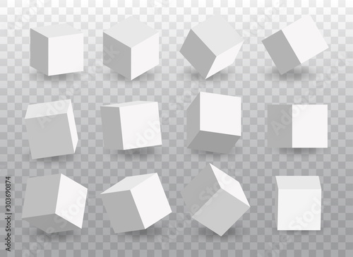 Set of white vector 3d cubes. Cube icons in a perspective. Geometric  blocks with shadow. Vector illustration isolated on tranparent background. photo