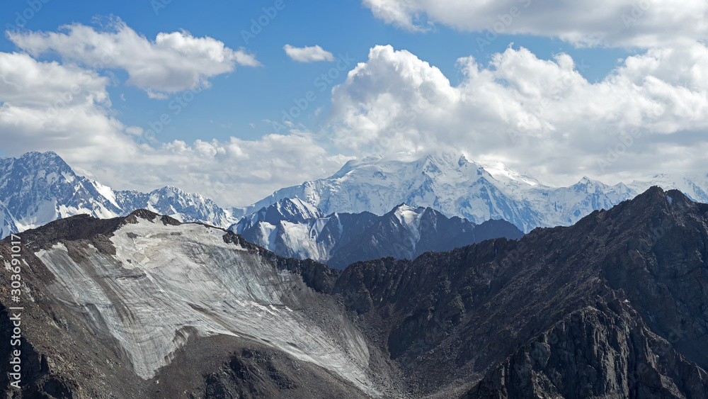 mountains with a glacier, ridges highlands panorama