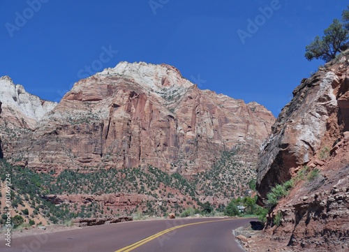 High red cliffs and layered rock formations at Zion National Park, Utah, USA.