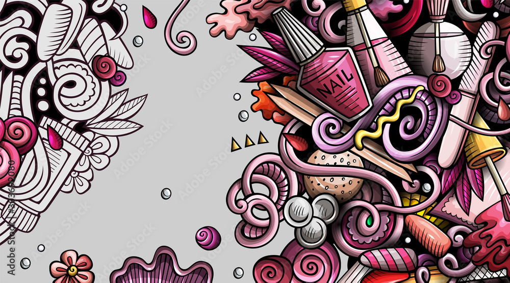Fototapeta premium Salon paznokci ręcznie rysowane doodle transparent. Szczegółowe ilustracje kreskówek.