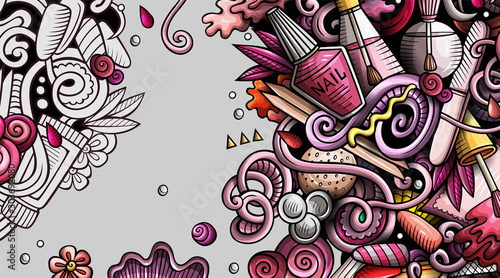 Nail salon hand drawn doodle banner. Cartoon detailed illustrations.