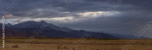 foothills at sunset, mountain ranges of Kyrgyzstan