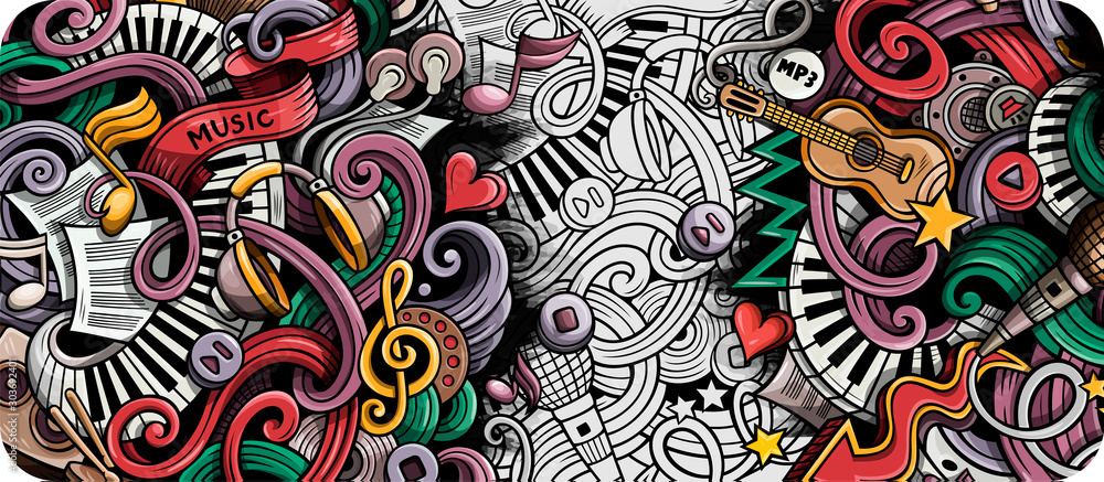 Obraz na plátně Music hand drawn doodle banner. Cartoon detailed illustrations.