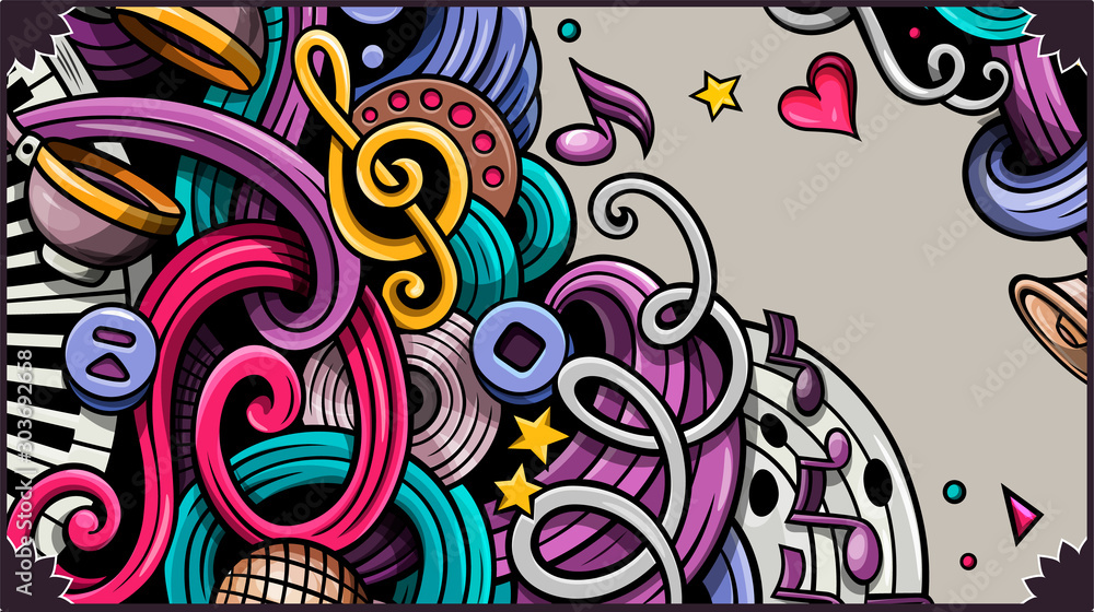 Αυτοκόλλητο Music hand drawn doodle banner. Cartoon detailed illustrations.