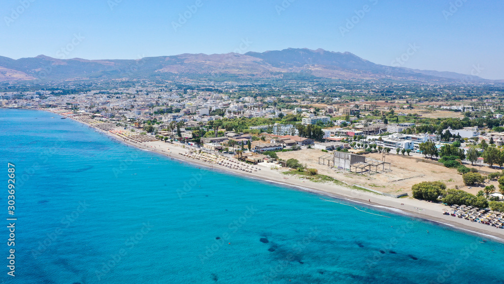 Panoramic aerial view of a Mediterranean island Kos in Greece Lambi coastline touristic area with crystal clear water on a sunny summer day