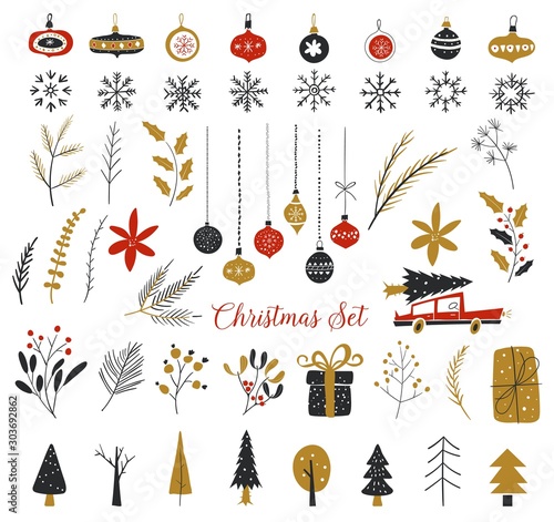 Christmas, New Year design elements. Hand drawn isolated on white background set. Set of winter icons. Set of christmas glass toys. Hand drawn snowflakes silhouettes.