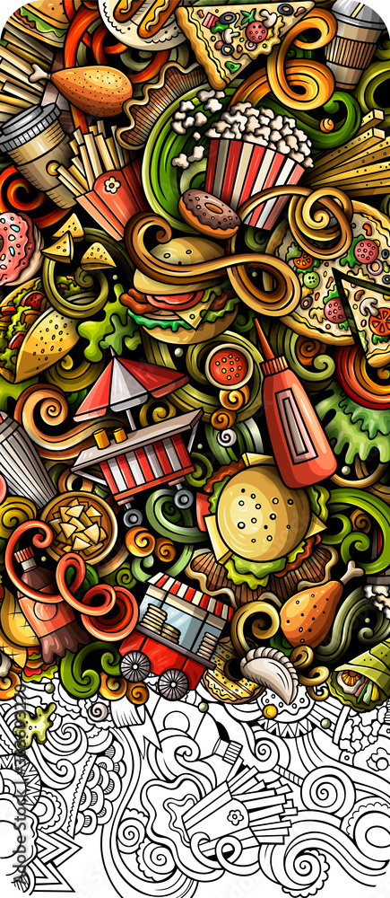 Fastfood hand drawn doodle banner. Cartoon detailed illustrations Fastfood hand drawn doodle banner. Cartoon detailed illustrations