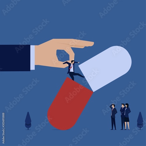 Business flat vector concept man dropped on capsule watched by team metaphor of drug addiction.