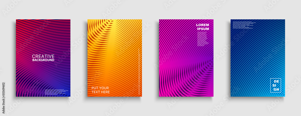 Creative colorful minimalistic covers, templates, posters, placards, brochures, banners, flyers and etc. Abstract geometric halftone backgrounds with gradient. Digital striped tredny design