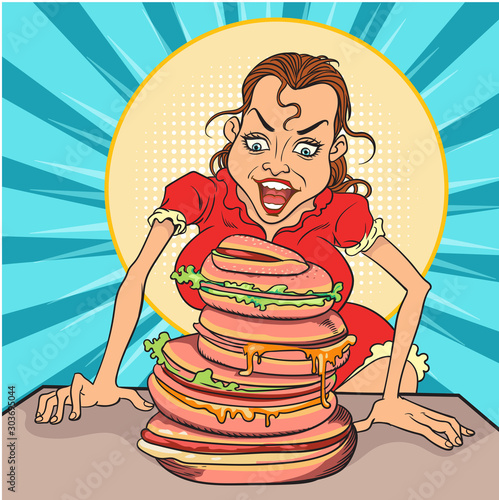 The girl is happy with the big burger in front.pop art retro comic book illustration. Restaurants and fast food