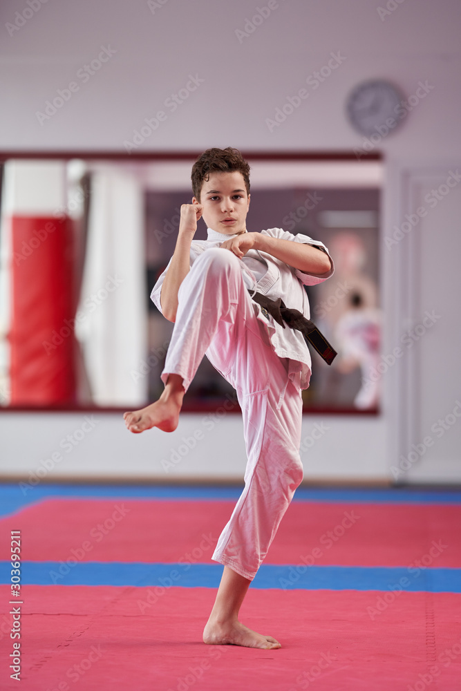 Young karate student executing a kata