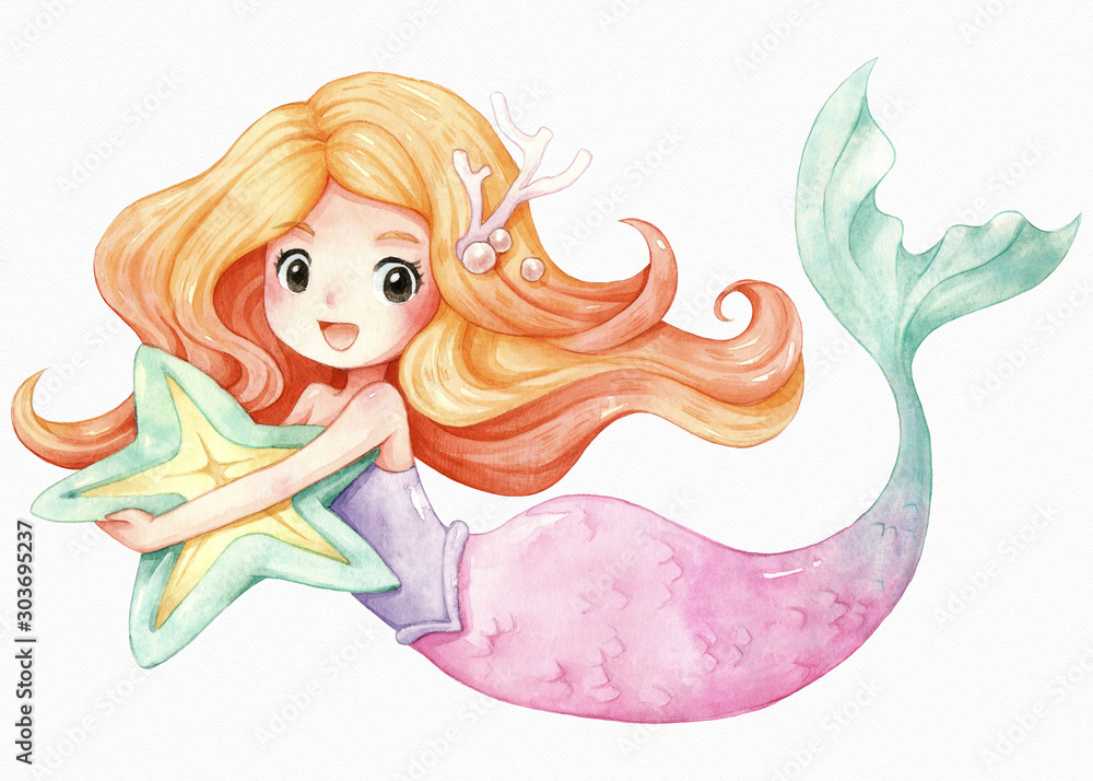 Little Mermaid character cartoon watercolor illustration, Orange hair, Pink green tail, hugged a starfish pillow, isolated on white texture watercolor paper. Stock Illustration | Adobe Stock