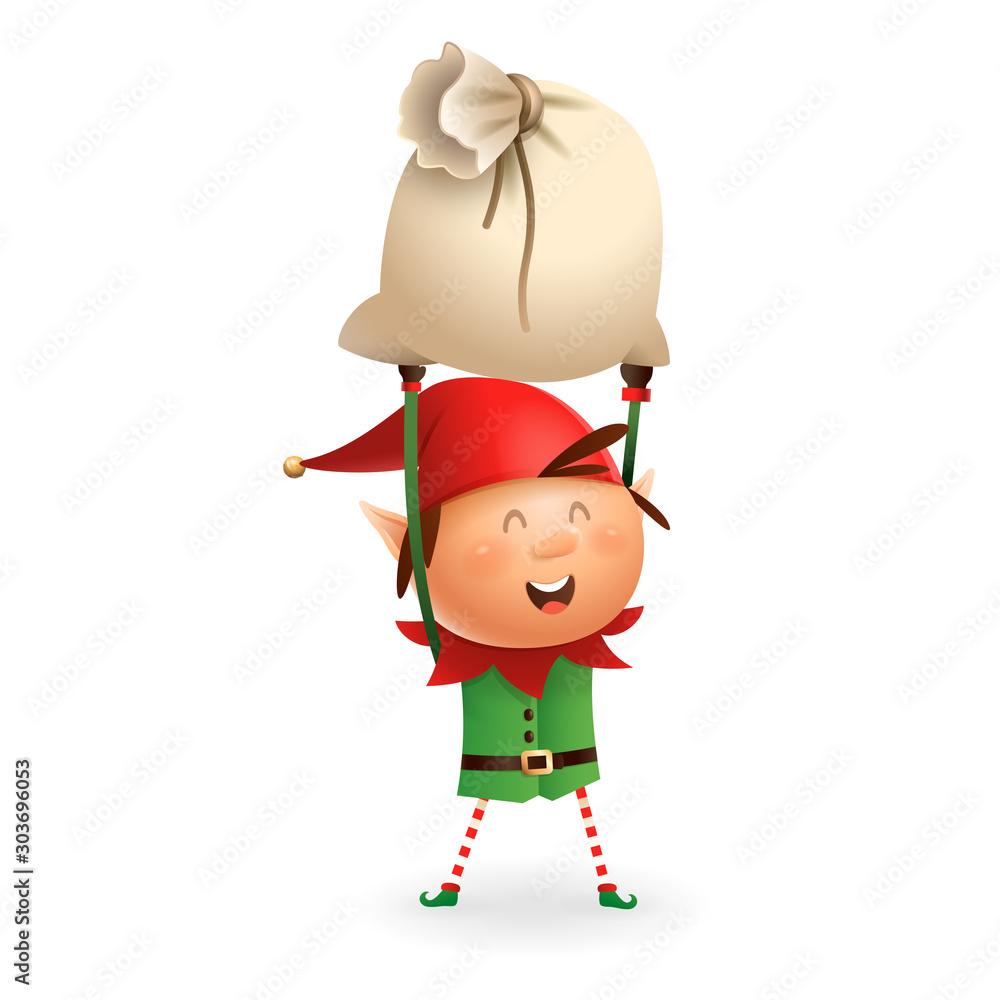 Cute Christmas Elf with gift bag vector illustration isolated on