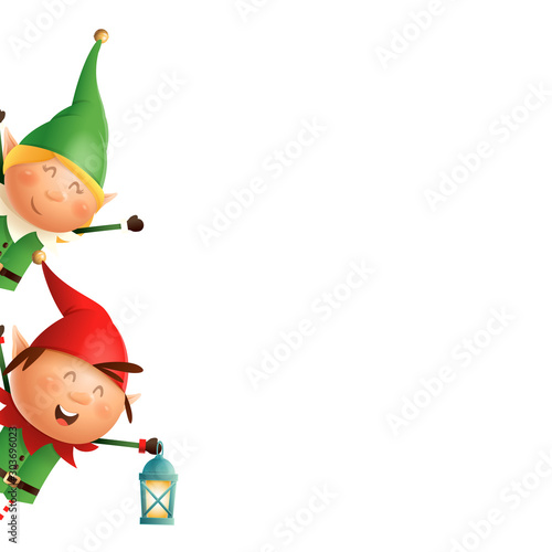 Christmas Elves girl and boy peeking on left side - vector illustration isolated on transparent background