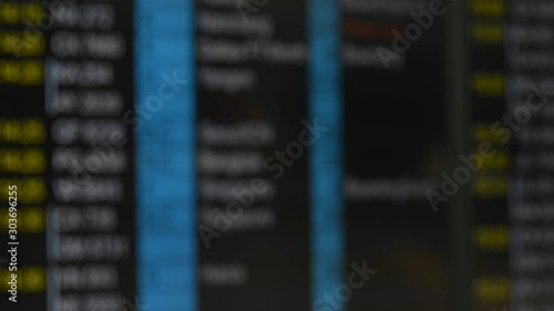 defocused blurred international airport board arrivals schedule flights. refresh flat screen update. abroad airplane schedule boarding. abstract, gate, time, airline concept photo