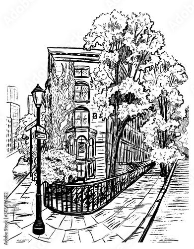 Free hand drawing sketch vector illustration. A Beautiful cozy street. USA. New York. Old house overgrown with plants. Black ink isolated on white. City landscape for poster, print, postcard, sticker.
