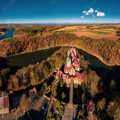 Panoramic view on Czocha Castle, Poland. Drone photography. photo