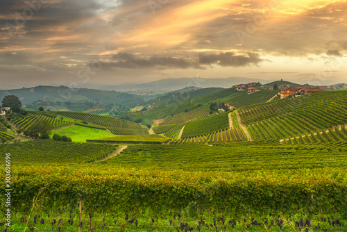 Langhe panorama, Barbaresco vineyards view at sunset, Piedmont, Italy Europe.