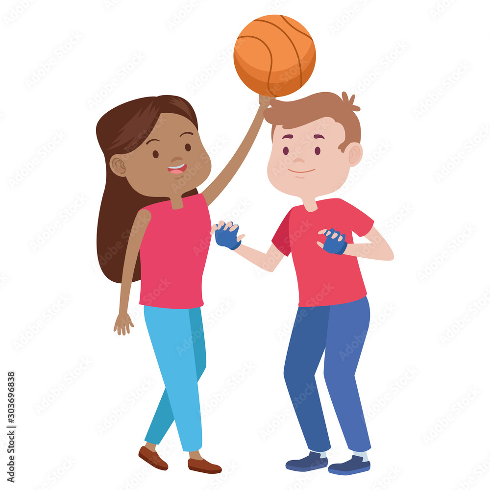 young couple characters playing basketball young couple characters playing basketball