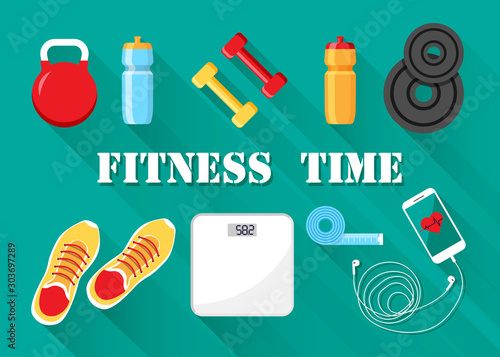 Vector fitness and sport motivated banner. Training equipment isolated. Diet and healthy lifestyle concept.