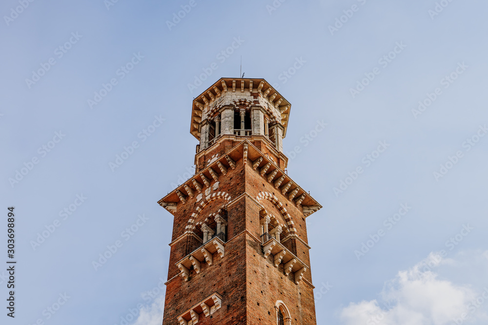 Torre dei lamberti, Lamberti tower, in Piazza delle Erbe, highest building in Verona, Italy
