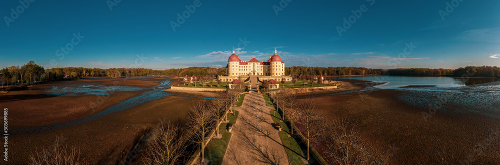 Panoramic view on Schloss Moritzburg, Germany. Drone photography.