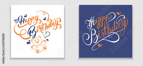 Happy Birthday: banner, greeting card. Two vector templates in retro style a birthday celebration. Colors on image: blue, orange, white. Vector graphics.
