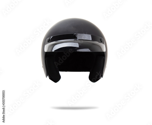 Open face black helmet isolated on white background.