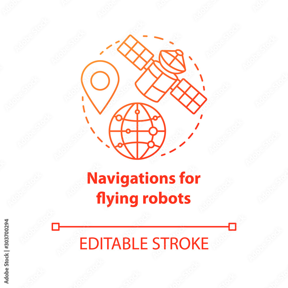 Navigations for flying robots red concept icon. Satellites idea thin line illustration. GPRS for drones, robotic devices. Directions from space. Vector isolated outline drawing. Editable stroke Navigations for flying robots red concept icon. Satellites idea thin line illustration. GPRS for drones, robotic devices. Directions from space. Vector isolated outline drawing. Editable stroke