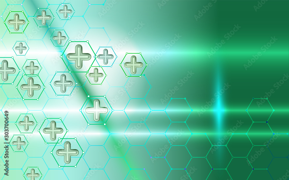 Abstract background medical technology and science concept. Cross green abstract composition. Technological hexagon pattern can be used for banner design. Healthy vector illustration.