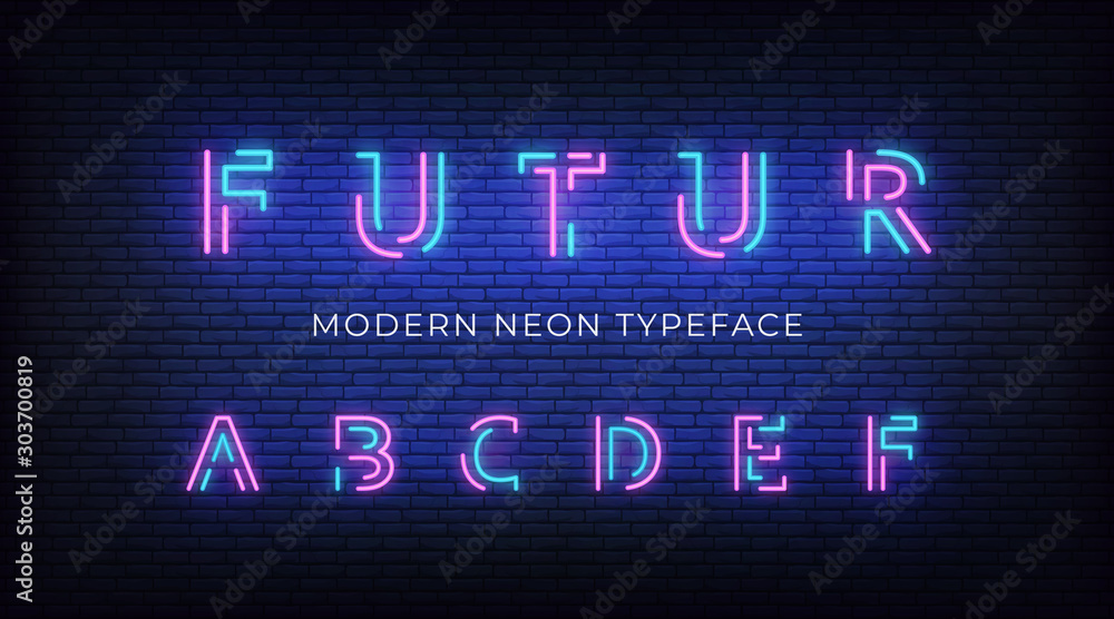 Neon light alphabet font. Glowing neon illuminated 3d modern typeface. Letters a, b, c, d, e, f Neon light alphabet font. Glowing neon illuminated 3d modern typeface. Letters a, b, c, d, e, f