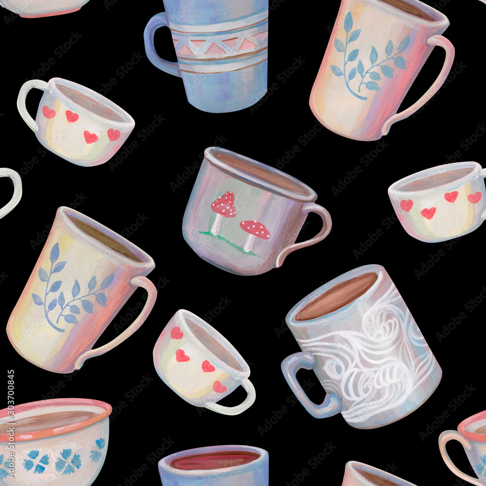 Wallpaper with cute mugs in pastel colors. Beautiful delicate seamless  pattern. Cozy cups on black background. Acrylic painting. For design  wrapping paper, postcard, scrapbooking and more. Stock Illustration | Adobe  Stock