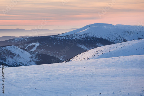 View from the Snezka, highest mountain of the Czech Republic at evening