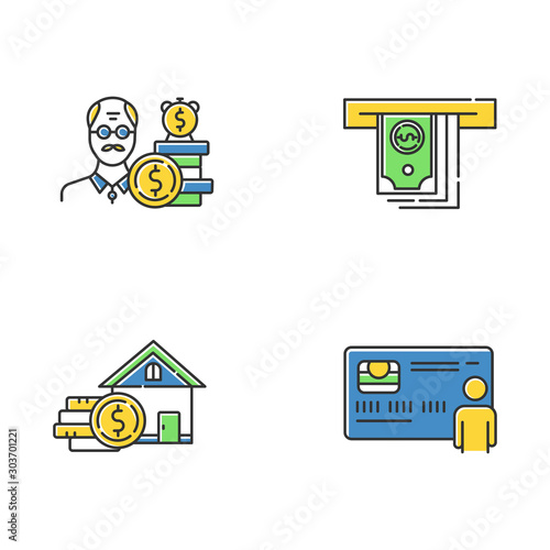 Credit color icons set. Borrowing from Retirement. Pension budget ivestment. Real estate credit. Home equity loan. Cash withdrawal from ATM. Personal credit card. Isolated vector illustrations