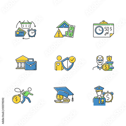 Credit color icons set. Borrowing from retirement. Student loan debt. Paying for university education. Trading, retail. Revolving credit. Heavy credit card risk. Isolated vector illustrations
