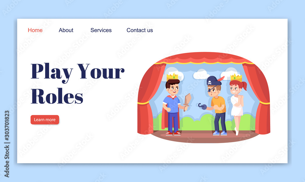 Play your roles landing page vector template. Children drama club website interface idea with flat illustrations. Development of acting skills homepage layout. Web banner, webpage cartoon concept Play your roles landing page vector template. Children drama club website interface idea with flat illustrations. Development of acting skills homepage layout. Web banner, webpage cartoon concept
