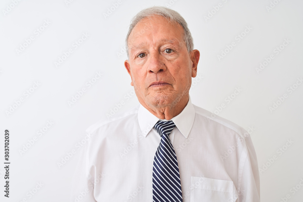 Senior grey-haired businessman wearing tie standing over isolated white background with a confident expression on smart face thinking serious Senior grey-haired businessman wearing tie standing over isolated white background with a confident expression on smart face thinking serious