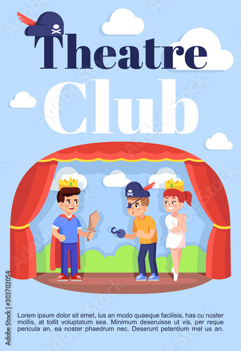 Theatre club brochure template. Flyer, booklet, leaflet concept with flat illustrations. Vector page cartoon layout for magazine. Drama lessons for kids advertising invitation with text space