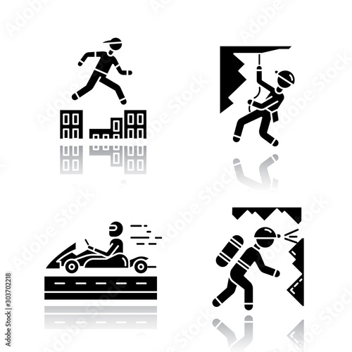 Extreme sports color drop shadow black glyph icons set. Parkour, traversing obstacles. Abseiling, rappelling. Alpinism, mountaineering. Caving, potholing. Spelunking. Isolated vector illustrations