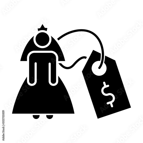 Bride price glyph icon. Female rights violation. Forcible wedlock. Compulsory marriage. Relationship with no consent. Criminal offense. Silhouette symbol. Negative space. Vector isolated illustration