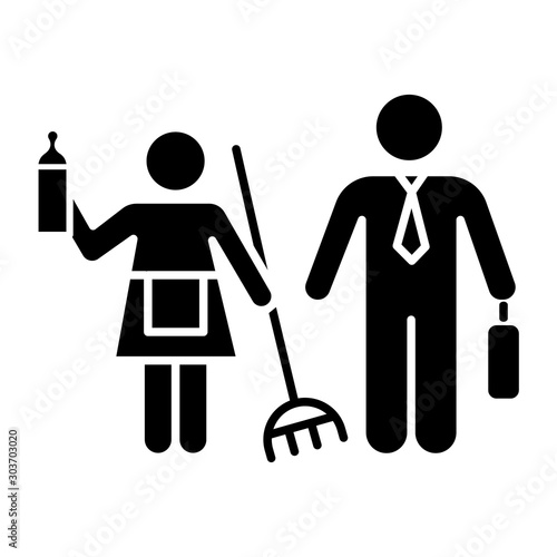 Gender stereotypes glyph icon. Female and male domestic life. Woman, man human rights. Shared family responsibilities. Houswife, worker. Silhouette symbol. Negative space. Vector isolated illustration