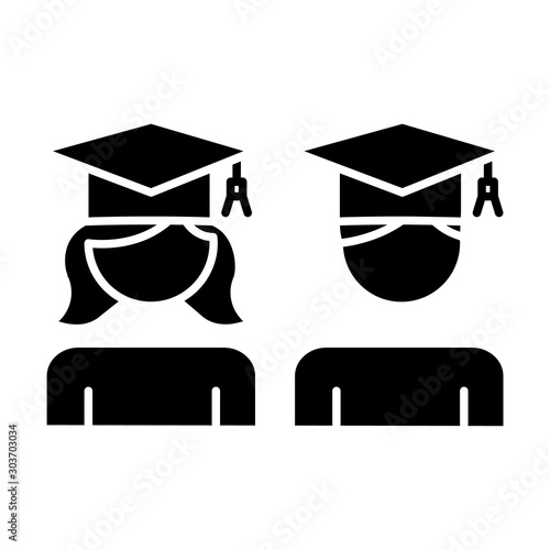 Education gender equality glyph icon. College students. University graduates. Girl, boy studying in school. Female, male human rights. Silhouette symbol. Negative space. Vector isolated illustration