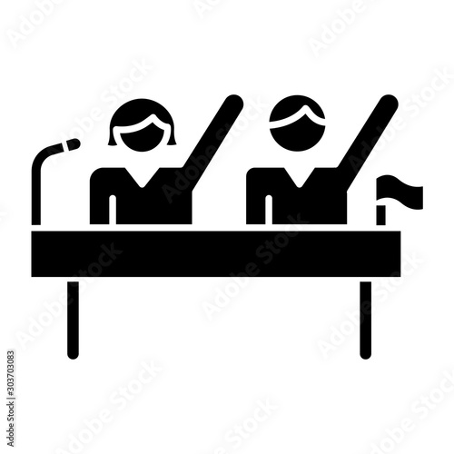 Politic rights gender equality glyph icon. Female and male candidates. Goverment rally, voting campaign. Woman and man human rights. Silhouette symbol. Negative space. Vector isolated illustration