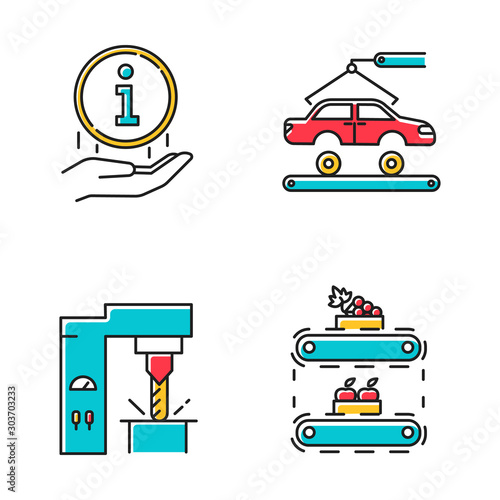 Industry types color icons set. Automotive engineering. Information sign. Steel industry. Fruit production. Car, automobile repair. Vehicle factory. Food supply. Isolated vector illustrations