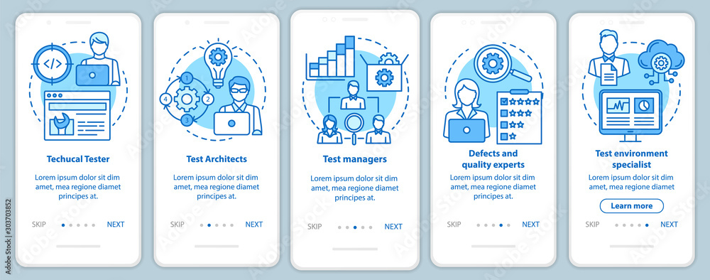 Software testing roles blue onboarding mobile app page screen vector ...